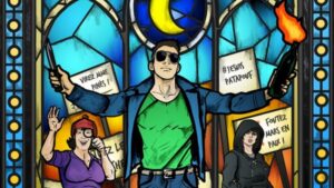 Vitrail montrant les trois protagonistes des Révoltés du Mirail, le premier tome de la trilogie nocturne: au centre, Anthony, étudiant comploteur; à gauche Sophie, une enquêtrice en herbe; et à droite Aura, une nocturne héroïque.